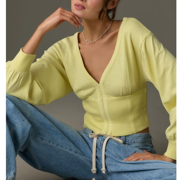 Anthropologie Pilcro Long-Sleeve Cropped Sweatshirt Yellow Chartreuse XS - Picture 1 of 9